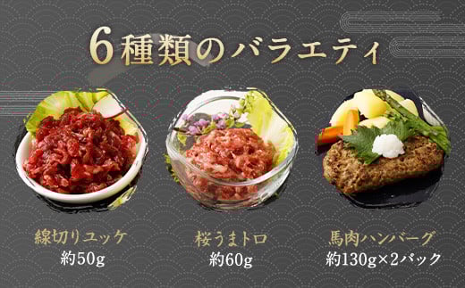 馬肉バラエティ 計540g 6種 タレ付き 馬刺 馬刺し 赤身 コウネ フタエゴ ユッケ トロ ハンバーグ 馬 肉 切落し スライス