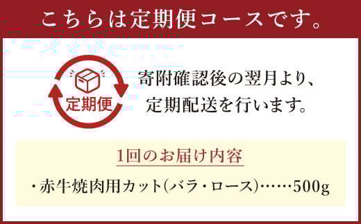 【3ヶ月定期便】【訳あり】 赤牛焼肉用カット（バラ・ロース）500g 合計1.5kg 牛肉 お肉 肉 赤牛 あか牛 焼肉