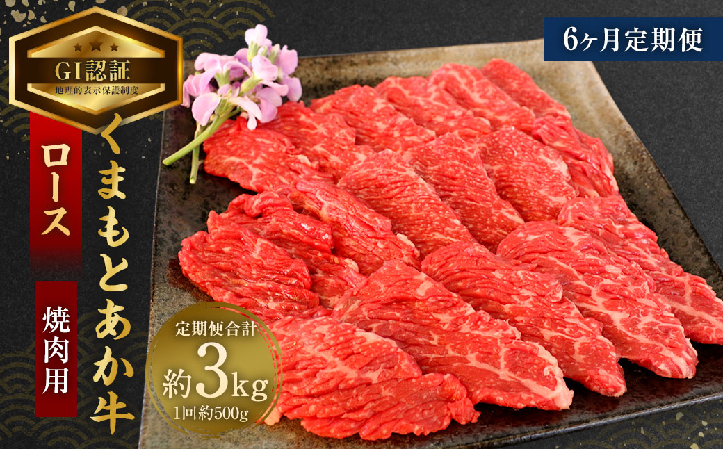 【6ヶ月定期便】【GI認証】くまもと あか牛 ロース 焼肉用 約500g×6回 合計約3kg 肉 お肉 牛肉