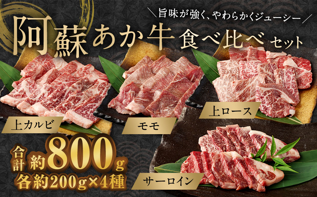 阿蘇あか牛 食べ比べセット（モモ・上カルビ・上ロース・サーロイン） 約800g