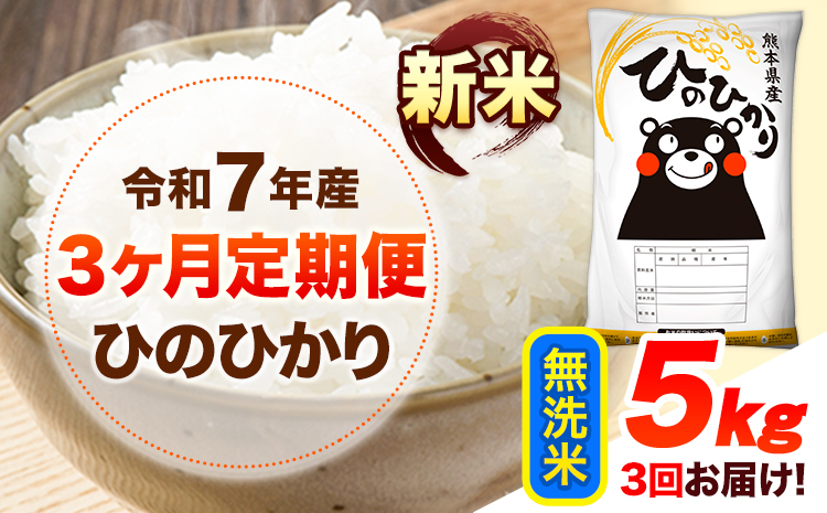 令和7年産【3ヶ月定期便】新米 無洗米 ひのひかり 5kg 《お申し込み月の翌月から出荷開始》 熊本県産 無洗米 精米 ひの 送料無料 熊本県 山江村 SDGs 米 コメ こめ 国産---hn7tei_43500_5kg_mo3_ym_m---