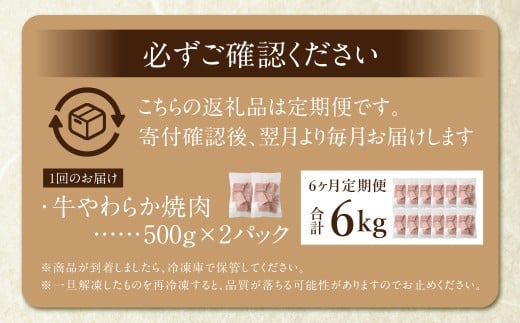 【定期便6回】牛やわらか焼肉 ／ 1回あたり：500g×2パック 計1kg