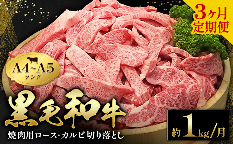 黒毛和牛 焼肉 ロース カルビ 切り落とし 1kg A4 ～ A5 ランク 3ヶ月定期便 田中畜産《お申込み月の翌月から出荷開始》ランプ ミスジ イチボ 特上 ミシュラン 国産 肉 牛肉 黒牛 天草 苓北 熊本 産地直送 送料無料---ac04r605-3---