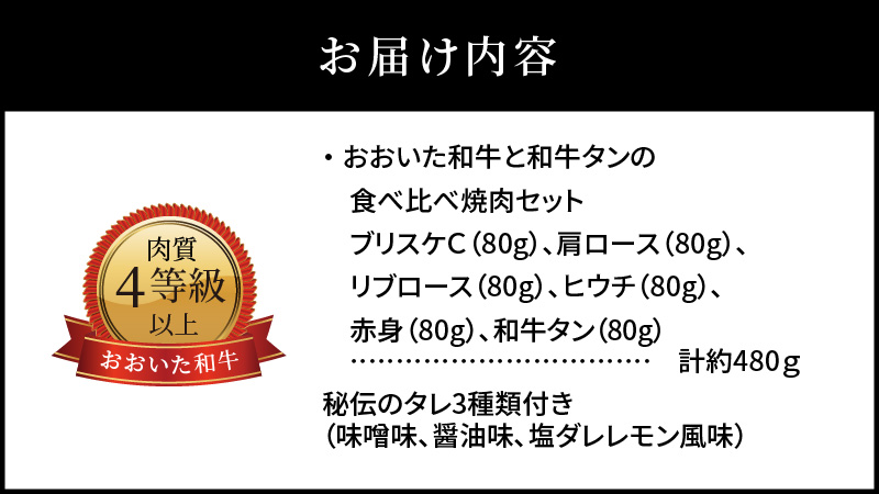 3Dフリーザーで急速冷凍。美味しさそのまま！おおいた和牛と和牛タンの食べ比べ焼肉セット　約480ｇ（秘伝のタレ３種類付き）