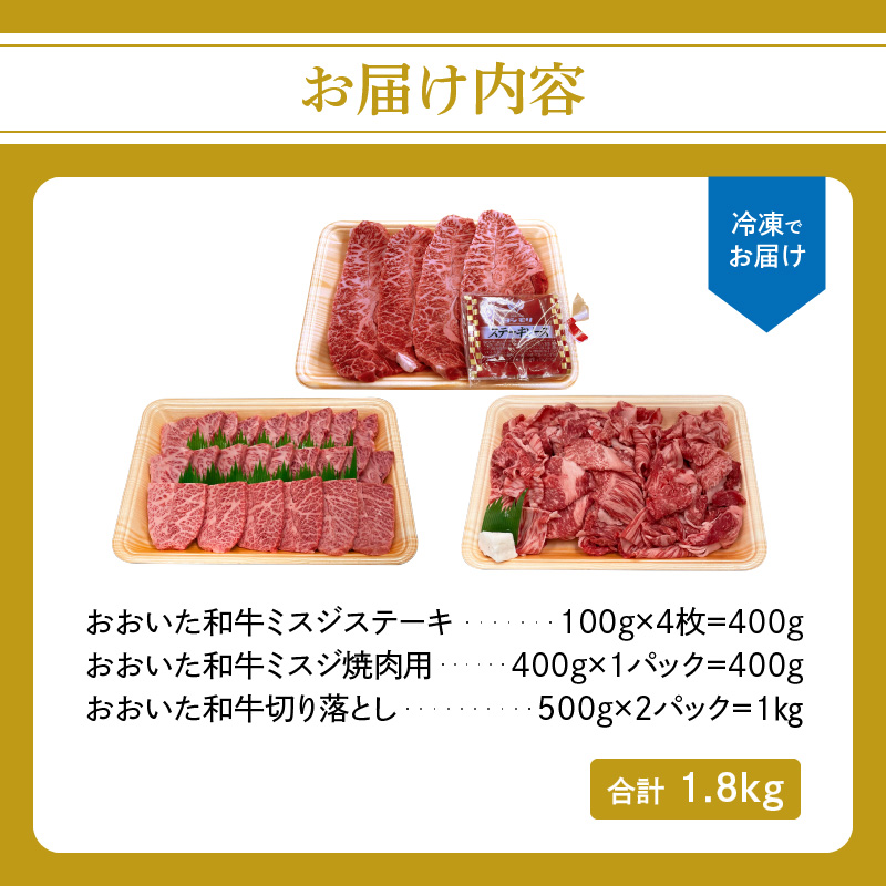 厳選A4～A5等級 おおいた和牛 ミスジステーキ用・ミスジ焼き肉用・切り落としセット 合計1.8kg