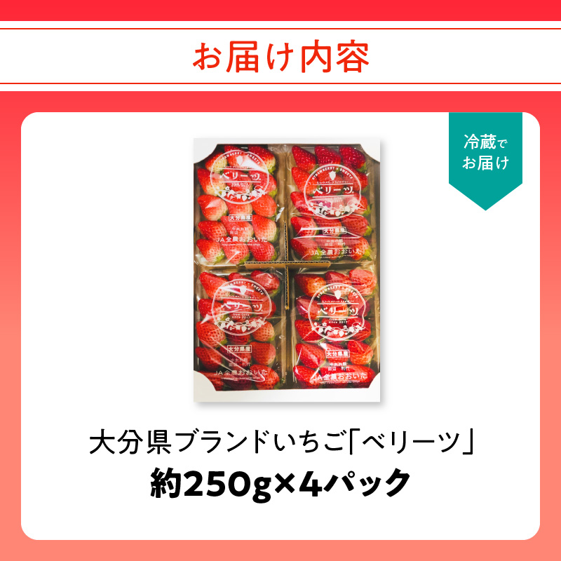 【先行予約※2026年2月下旬より発送開始】大分県ブランドいちご「ベリーツ」約250g×4パック