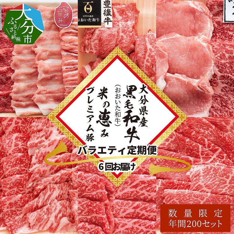 【定期便】大分県産黒毛和牛（おおいた和牛）・米の恵みプレミアム豚 バラエティ定期便 毎月6回お届け