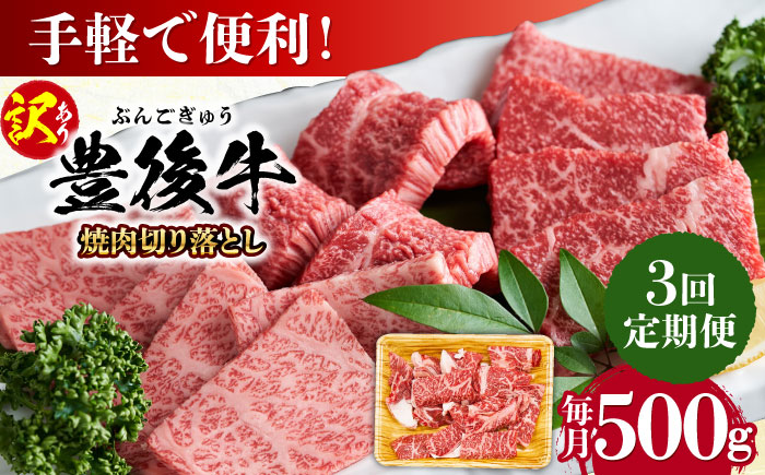 【全3回定期便】【訳あり】おおいた豊後牛 焼肉 切り落とし 500g 日田市 / 株式会社MEAT PLUS　牛 うし 黒毛和牛 和牛 豊後牛 [AREI131] 【全3回定期便】