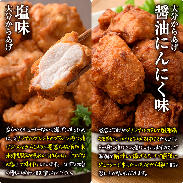 時短おかず 揚げるだけ 大分 からあげ 醤油にんにく味・塩からあげ セット (合計1kg・各500g) 国産 鶏むね肉 鶏もも肉 肉 からあげ 唐揚げ 名物 セット ご当地グルメ 食べ比べ 冷凍 惣菜 お弁当 小分け 簡単 時短 大分県 佐伯市【DH309】【ネクサ】