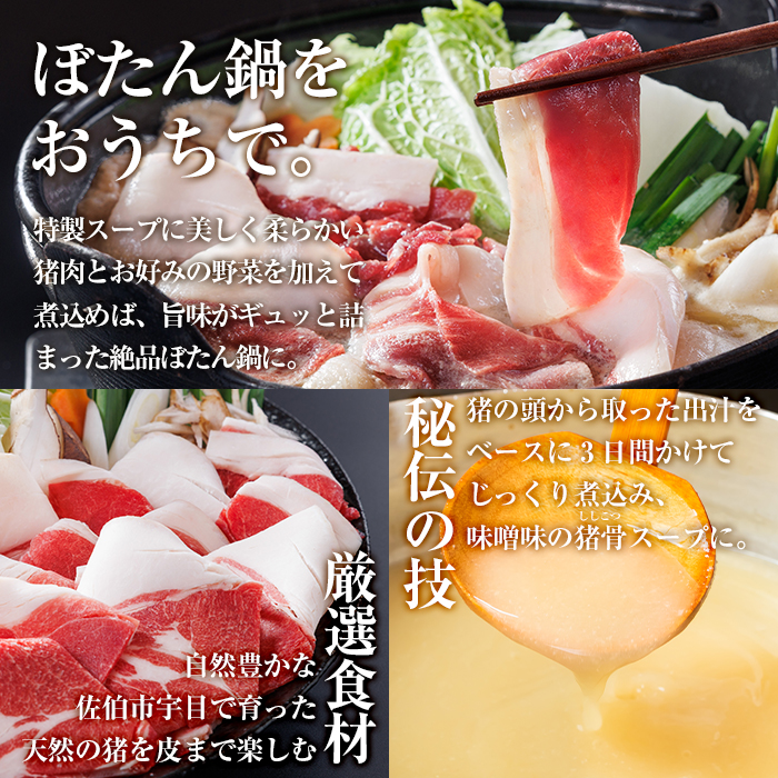 ぼたん鍋セット (2-3人前・天然猪肉300g+特製味噌味猪骨スープ500cc) 猪 猪肉 お肉 鍋 ジビエ ジビエ料理 味噌鍋 冷凍 大分県 佐伯市  【FJ06】【由紀ノ屋 (株)】