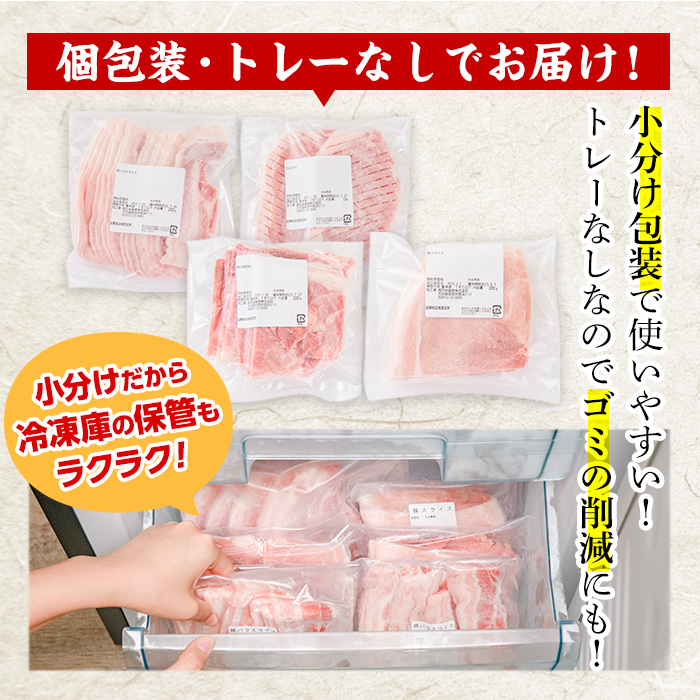 ＜お試し用＞ 豚肉バラエティーパック (合計800g ・4種) 豚 ぶた 豚バラ とんかつ ロース 豚こま こま切れ スライス 豚しゃぶ しゃぶしゃぶ 小分け 個包装 セット 詰め合わせ 冷凍【BD211】【西日本畜産】