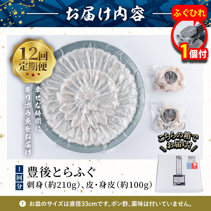 【期間限定・ふぐひれ付】＜定期便・全12回 (連続)＞ 豊後 とらふぐ 刺身 セット (総量約3.7kg：4-5人前×12回) とらふぐ ふぐ フグ ふぐ刺し フグ刺し ふぐ刺身 フグ刺身 刺身 鮮魚 冷凍 養殖 国産 大分県 佐伯市 【AB199-G】【柳井商店】