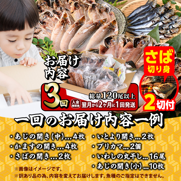 【期間限定・さば切り身2切付】＜定期便・全3回 (隔月)＞訳あり 干物大満足BOX (40尾以上)定期便 簡単 調理 干物 あじ かます さば いわし みりん干し 丸干し 開き 魚 海鮮 冷凍 詰め合わせ セット 大分県 佐伯市【AQ85-G】【やまろ渡邉】