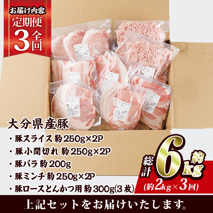 ＜定期便・全3回 (連続)＞ 豚肉 バラエティーパック (総量6kg・5種)豚バラ しゃぶしゃぶ 鍋 とんかつ ロース 小分け 個包装 豚こま 小間切れ スライス ミンチ セット 詰め合わせ 冷凍 食べ比べ 国産 大分県 佐伯市【BD321】【西日本畜産】