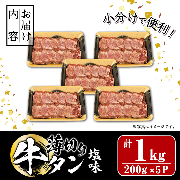 薄切り 塩味 牛タン (計1kg・約200g×5P) 小分け 牛肉 肉 タン 牛たん 味付け 焼肉 塩 BBQ 冷凍 大分県 佐伯市 【DH282】【(株)ネクサ】