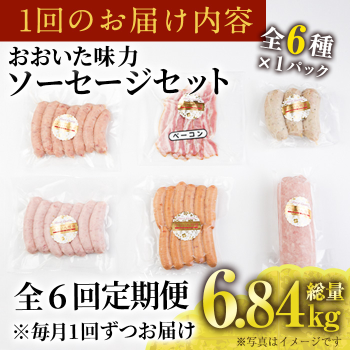 ＜定期便・全6回(連続)＞おおいた 味力 ソーセージ セット(総量6.84kg) ウィンナー ベーコン 定期便 国産 冷凍 豚肉 鳥肉 詰め合わせ 惣菜 おかず お弁当 粗挽き あらびき 大分県 佐伯市【DP80】【株式会社まるひで】