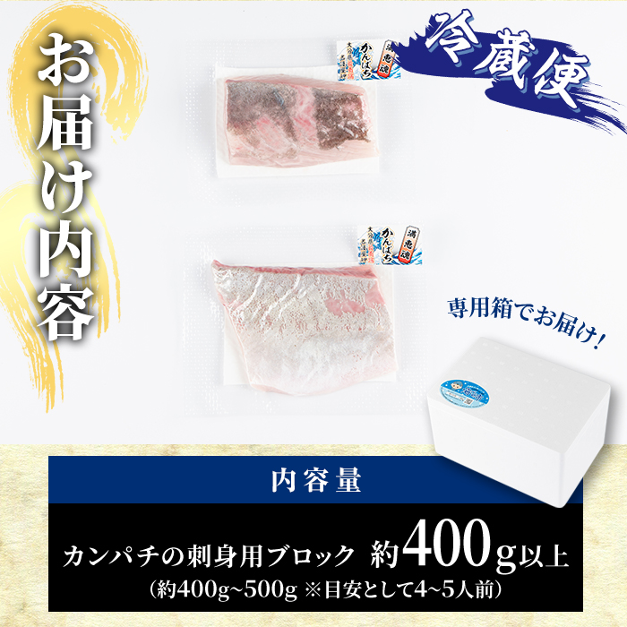 カンパチ 刺身用 ブロック 冷蔵(約400-500g・4-5人前) カンパチ かんぱち 神経締め 獲れたて 鮮魚 ブロック 刺身 冷蔵 海の直売所 大分県 佐伯市【AS132】【海べ (株)】