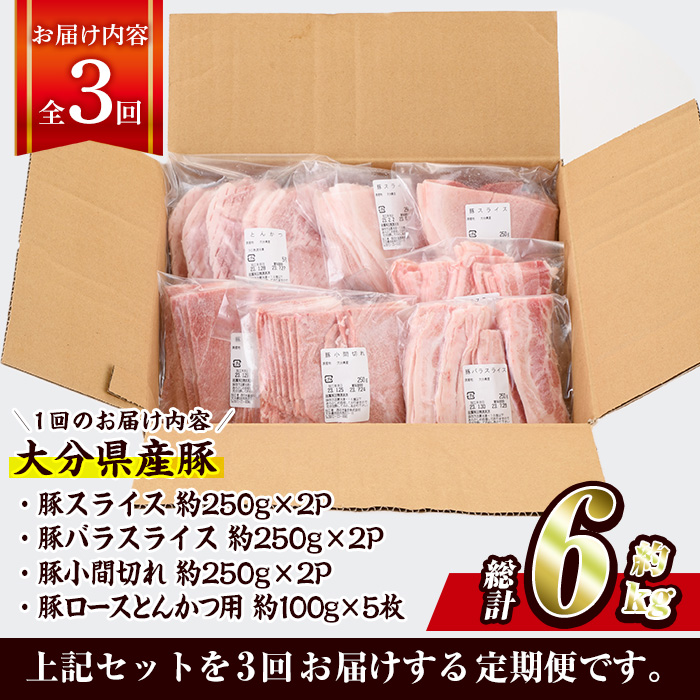 ＜定期便・全3回 (連続)＞豚肉 バラエティーパック (総量6kg・4種) 小分け 豚バラ スライス とんかつ ロース 豚こま しゃぶしゃぶ 鍋 大分県 佐伯市【BD208】【西日本畜産】