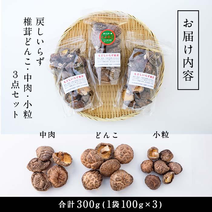 戻しいらず椎茸どんこ・中肉・小粒の3点セット (合計300g・100g×3種) 原木栽培 干し椎茸 乾椎茸 しいたけ きのこ 出汁 大分県 佐伯市 【FR01】【かやの椎茸屋】