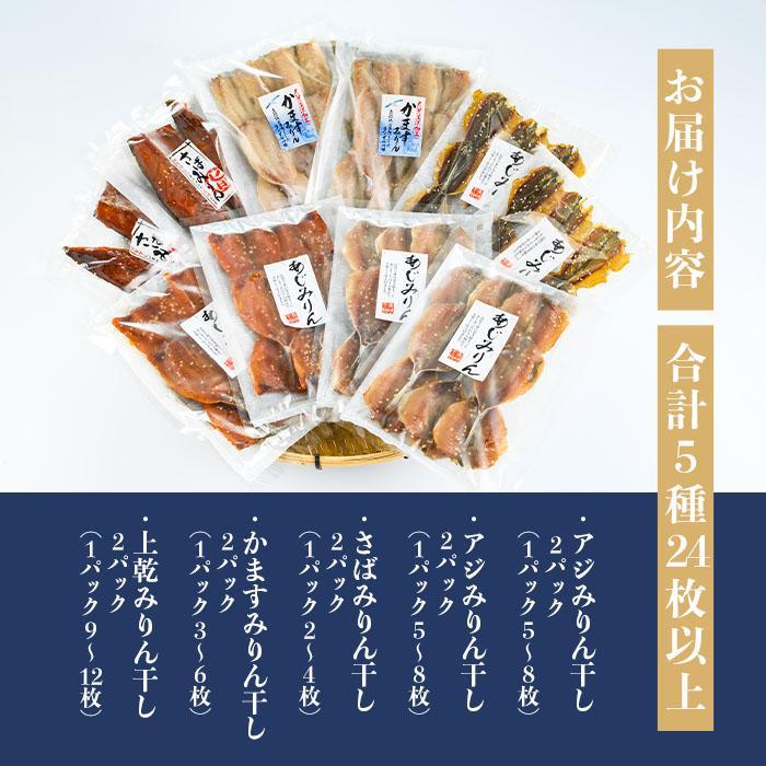 四代続く秘伝のたれ みりん干しセット (合計5種・24枚以上) 干物 ひもの 魚 さかな 鯵 あじ 鯖 さば かます 醤油 食べ比べ おかず 国産 詰め合わせ セット 大分県 佐伯市  【FT01】【田辺海産】