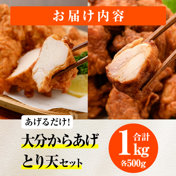 時短おかず 揚げるだけ 大分からあげ 醤油にんにく味・とり天セット (計1kg・各500g) 国産 鶏むね肉 鶏もも肉 肉 からあげ 唐揚げ とり天 名物 セット ご当地グルメ 食べ比べ 冷凍 惣菜 お弁当 小分け 簡単 時短 大分県 佐伯市【DH292】【ネクサ】