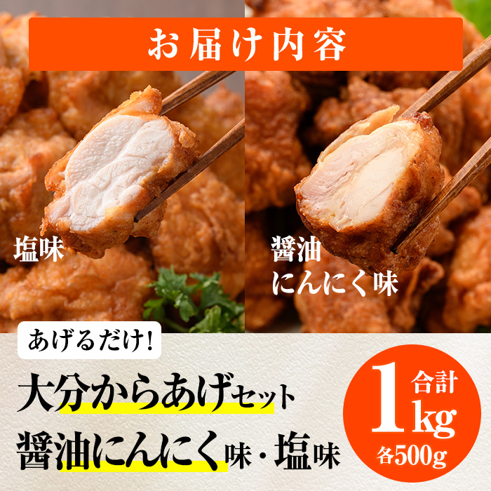 時短おかず 揚げるだけ 大分 からあげ 醤油にんにく味・塩からあげ セット (合計1kg・各500g) 国産 鶏むね肉 鶏もも肉 肉 からあげ 唐揚げ 名物 セット ご当地グルメ 食べ比べ 冷凍 惣菜 お弁当 小分け 簡単 時短 大分県 佐伯市【DH309】【ネクサ】