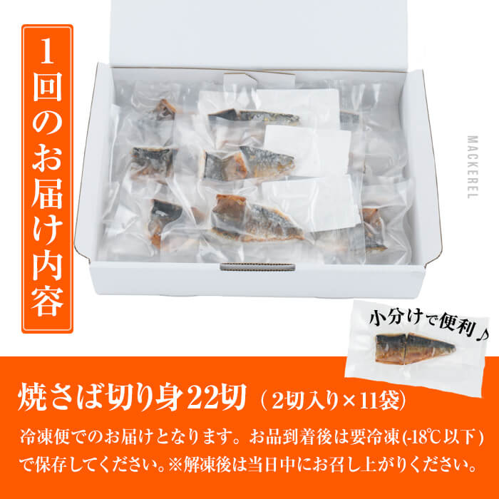 訳あり サバ 切り身(計22切・2切入り×11袋：隔月3回) 定期便 おかず おつまみ 小分け 個包装 鯖 切り身 骨取り 骨抜き 簡単調理 自然解凍 国産 お弁当 惣菜 焼き魚 塩サバ 焼いてますシリーズ 【DL32】【鶴見食賓館】