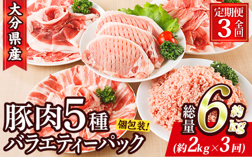 ＜定期便・全3回 (連続)＞ 豚肉 バラエティーパック (総量6kg・5種)豚バラ しゃぶしゃぶ 鍋 とんかつ ロース 小分け 個包装 豚こま 小間切れ スライス ミンチ セット 詰め合わせ 冷凍 食べ比べ 国産 大分県 佐伯市【BD321】【西日本畜産】