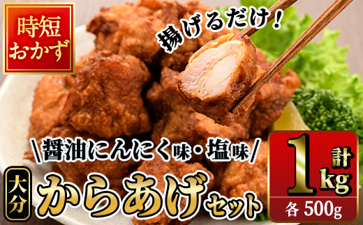 時短おかず 揚げるだけ 大分 からあげ 醤油にんにく味・塩からあげ セット (合計1kg・各500g) 国産 鶏むね肉 鶏もも肉 肉 からあげ 唐揚げ 名物 セット ご当地グルメ 食べ比べ 冷凍 惣菜 お弁当 小分け 簡単 時短 大分県 佐伯市【DH309】【ネクサ】