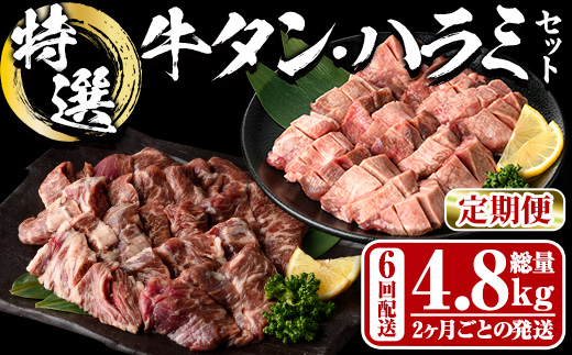 ＜定期便・全6回 (2か月ごとの発送)＞ 特選 牛タン ・ 牛ハラミ セット (総量4.8kg) 定期便 小分け 牛肉 肉 タン 牛たん ハラミ 牛はらみ 詰め合わせ 味付け 焼肉 塩 BBQ 冷凍 大分県 佐伯市【DH328】【ネクサ】