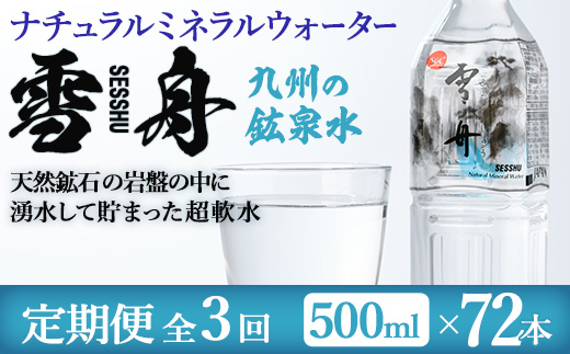 ＜定期便・全3回(毎月)＞ナチュラル ミネラル ウォーター 雪舟 (総量72本・500ml×24本×3回) 定期便 国産 鉱泉水 お水 ドリンク 大自然 天然 料理 健康 維持 防災 常温 保存 3回【HD249】【さいき本舗 城下堂】