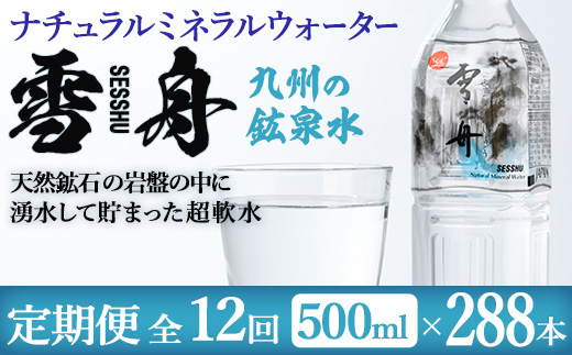 ＜定期便・全12回(毎月)＞ナチュラル ミネラル ウォーター 雪舟 (総量288本・500ml×24本×12回) 定期便 国産 鉱泉水 お水 ドリンク 大自然 天然 料理 健康 維持 防災 常温 保存 12回【HD251】【さいき本舗 城下堂】