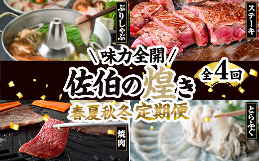 ＜先行予約受付中！2026年1月中旬より配送開始＞＜定期便・全4回＞味力全開! 佐伯の煌き 春夏秋冬 定期便 (該当月にお届け) 鰤 ブリ ステーキ サーロイン リブロース 焼肉 とらふぐ 刺身 ふぐ 鍋 セット 【BR114】【佐伯市ふるさと納税事業者協議会】