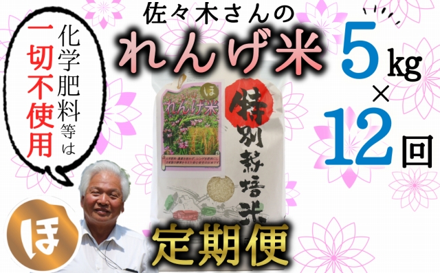 【定期便】《玄米》化学肥料などは一切不使用！こだわり農法 佐々木さんの「れんげ米」（5kg）×12回