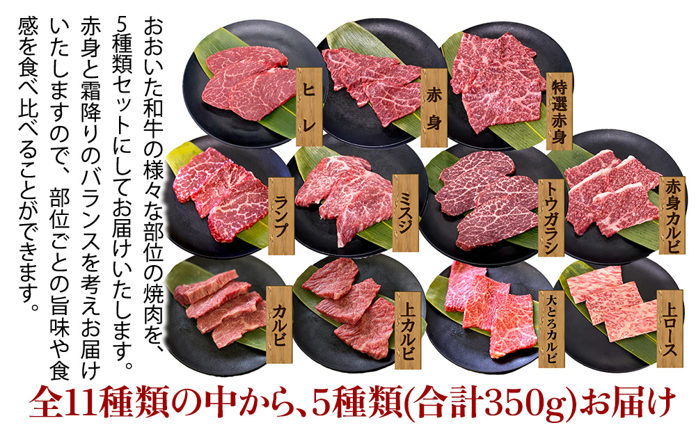 【訳あり】おおいた和牛 お試し食べ比べ 焼肉5種セット(合計350g) 牛肉 和牛 ブランド牛 赤身肉 焼き肉 焼肉 バーベキュー 大分県産 九州産 津久見市 国産 送料無料