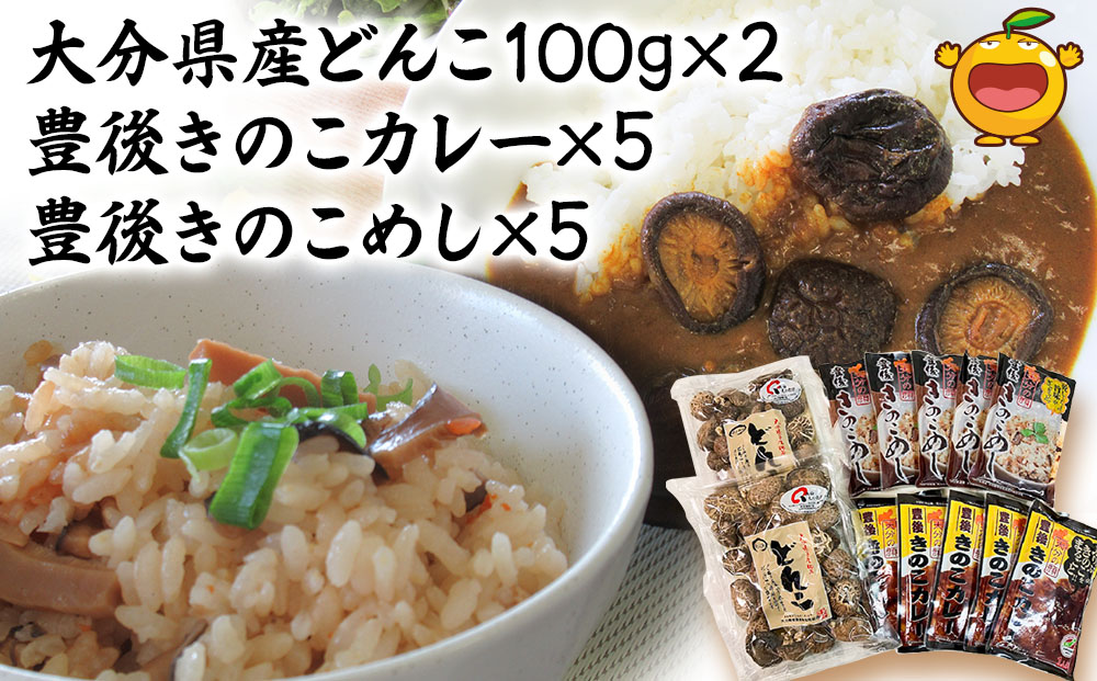 大分県産どんこ椎茸100g×2・豊後きのこカレー×5・豊後きのこめし×5 詰合せ 干し椎茸 しいたけ 乾燥しいたけ 原木 レトルトカレー 混ぜご飯 炊き込みご飯 保存食 常温保存 非常食 ご当地カレー 椎茸 お取り寄せ グルメ 大分県産 九州産 津久見市 国産