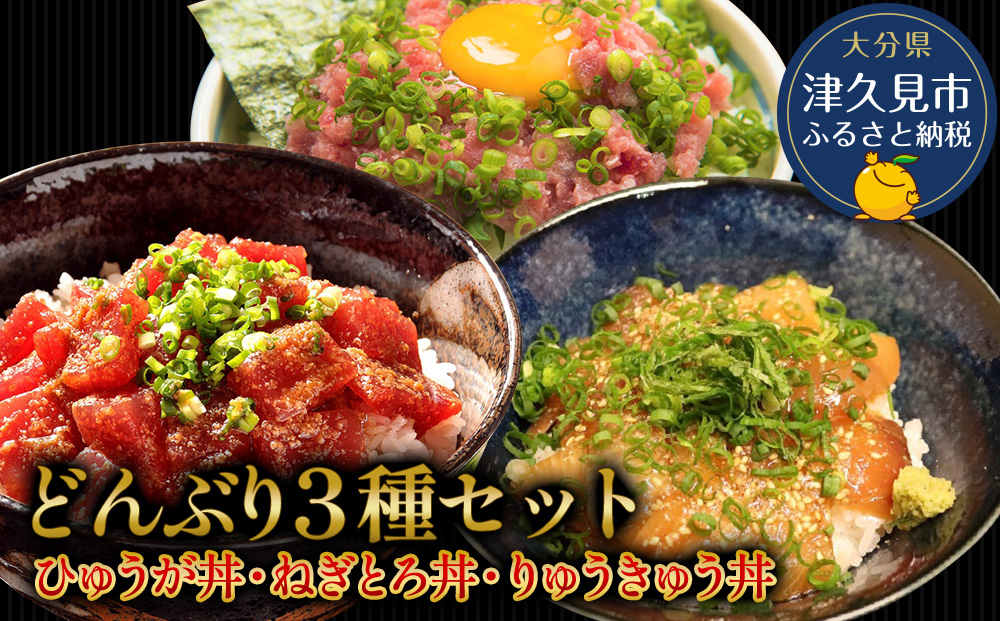 【どんぶり3種セット】 ぶりのりゅうきゅう丼・まぐろの漬け丼（ひゅうが丼）・まぐろのたたき（ねぎとろ）セット | 海鮮丼 大分県 九州 津久見市