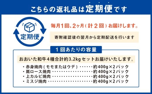 【2ヶ月定期便】 【盛々焼肉食べ比べ】 おおいた和牛（赤身・肩ロース・上カルビ・ミスジ） 各約800g 計約3.2kg