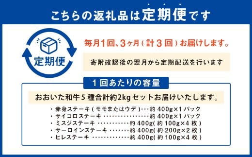 【3ヶ月定期便】 【ステーキ5種食べ比べ】 おおいた和牛（赤身・サイコロ・ミスジ・サーロイン・ヒレ） 各約400g 計約2kg