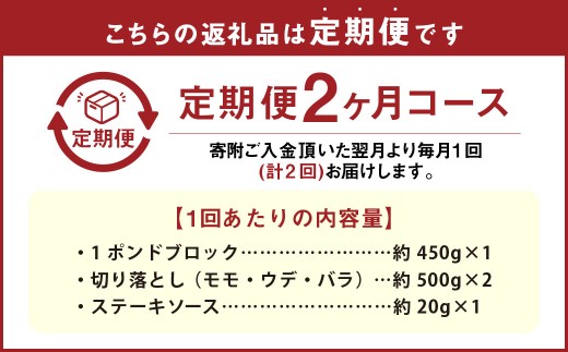 【2カ月定期便】 【ブロック ＆ 切り落とし】 おおいた和牛 1ポンドブロック 約450g ・ 切り落とし 約1kg（約500g×2） 約1.45kg×2回 計約2.9kg ステーキソース付