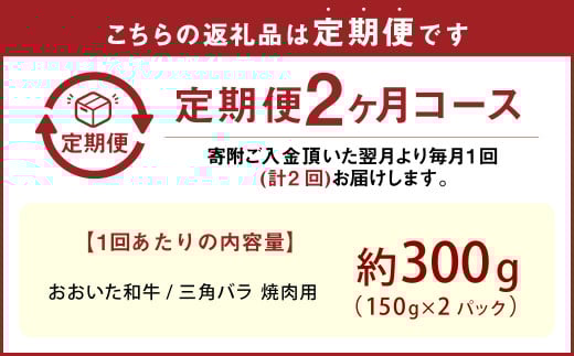 【2カ月定期便】【黒毛和牛】 おおいた和牛/三角バラ 焼肉用 約150g×2P（計約300g）×2回 計約600g