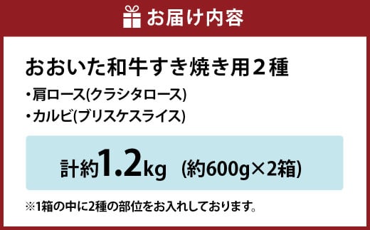 【6ヶ月定期便】おおいた和牛すき焼き用 2種 約1.2kg（約600g×2箱）（クラシタロース・ブリスケスライス）×6回 計約7.2kg