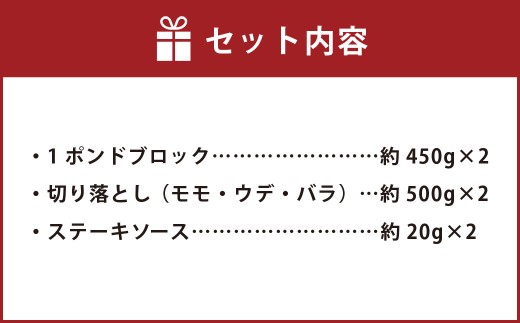 【ブロック ＆ 切り落とし】 おおいた和牛 1ポンドブロック 約900g（約450g×2） ・ 切り落とし 約1kg（約500g×2） 計約1.9kg ステーキソース付