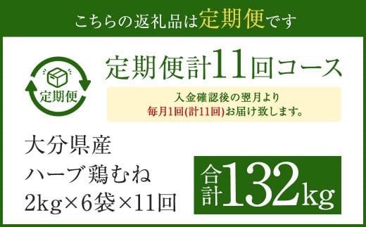 【1ヶ月毎11回定期便】大分県産ハーブ鶏むね 計132kg