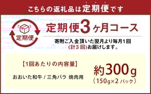【3カ月定期便】【黒毛和牛】 おおいた和牛/三角バラ 焼肉用 約150g×2P（計約300g）×3回 計約900g