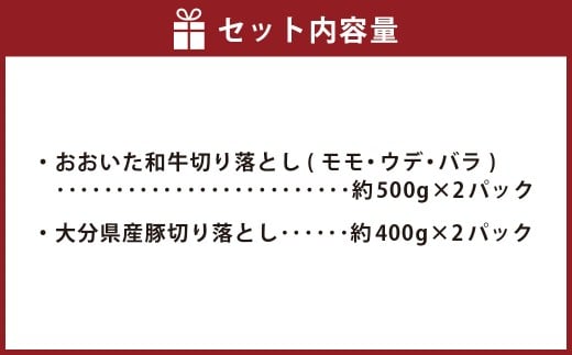 【切り落とし対決！】 おおいた和牛切り落とし 約1kg（約500g×2）と大分県産「米の恵み」豚切り落とし 約800g（約400g×2） 計約1.8kg