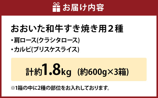 おおいた和牛すき焼き用 2種 計約1.8kg（約600g×3箱）（クラシタロース・ブリスケスライス）