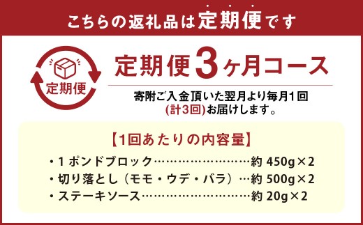 【3カ月定期便】 【ブロック ＆ 切り落とし】 おおいた和牛 1ポンドブロック 約900g（約450g×2） ・ 切り落とし 約1kg（約500g×2） 約1.9kg×3回 計約5.7kg ステーキソース付