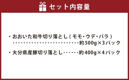 【盛々切り落とし対決！】 おおいた和牛切り落とし 約1.5kg（約500g×3）と大分県産「米の恵み」豚切り落とし 約1.6kg（約400g×4） 計約3.1kg