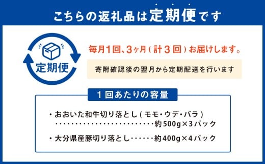 【3ヶ月定期便】 【盛々切り落とし対決！】 おおいた和牛切り落とし 約1.5kg（約500g×3）と大分県産「米の恵み」豚切り落とし 約1.6kg（約400g×4） 計約3.1kg